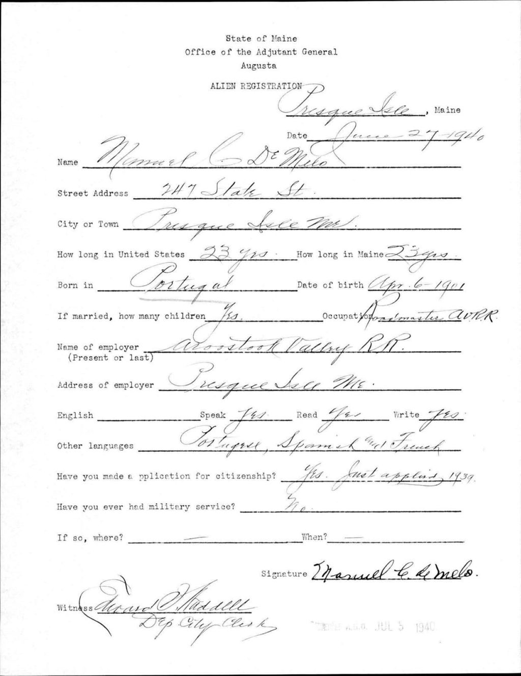 Miniature of Alien Registration- De Milo, Manuel C. (Presque Isle, Aroostook County)