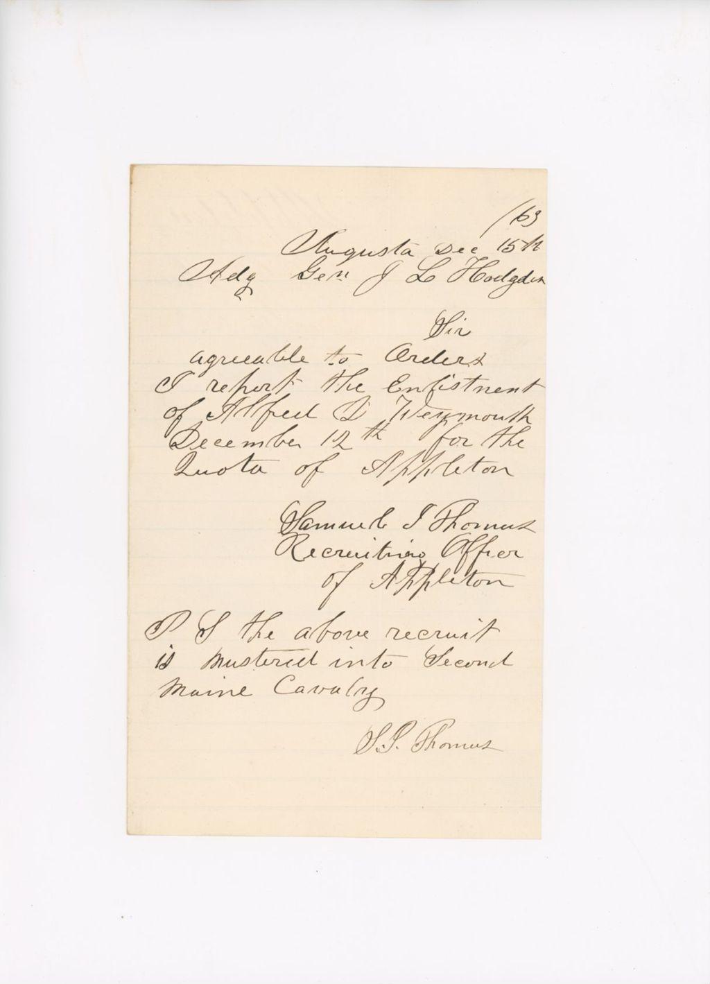 Miniature of Letter to John Hodsdon from Samuel Thomas