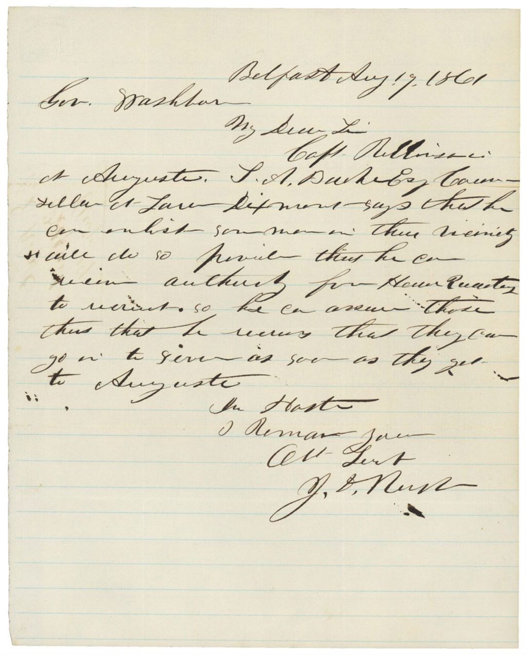 Miniature of Letter from J.D. Rust to Governor Washburn recommending officer, August 17, 1861