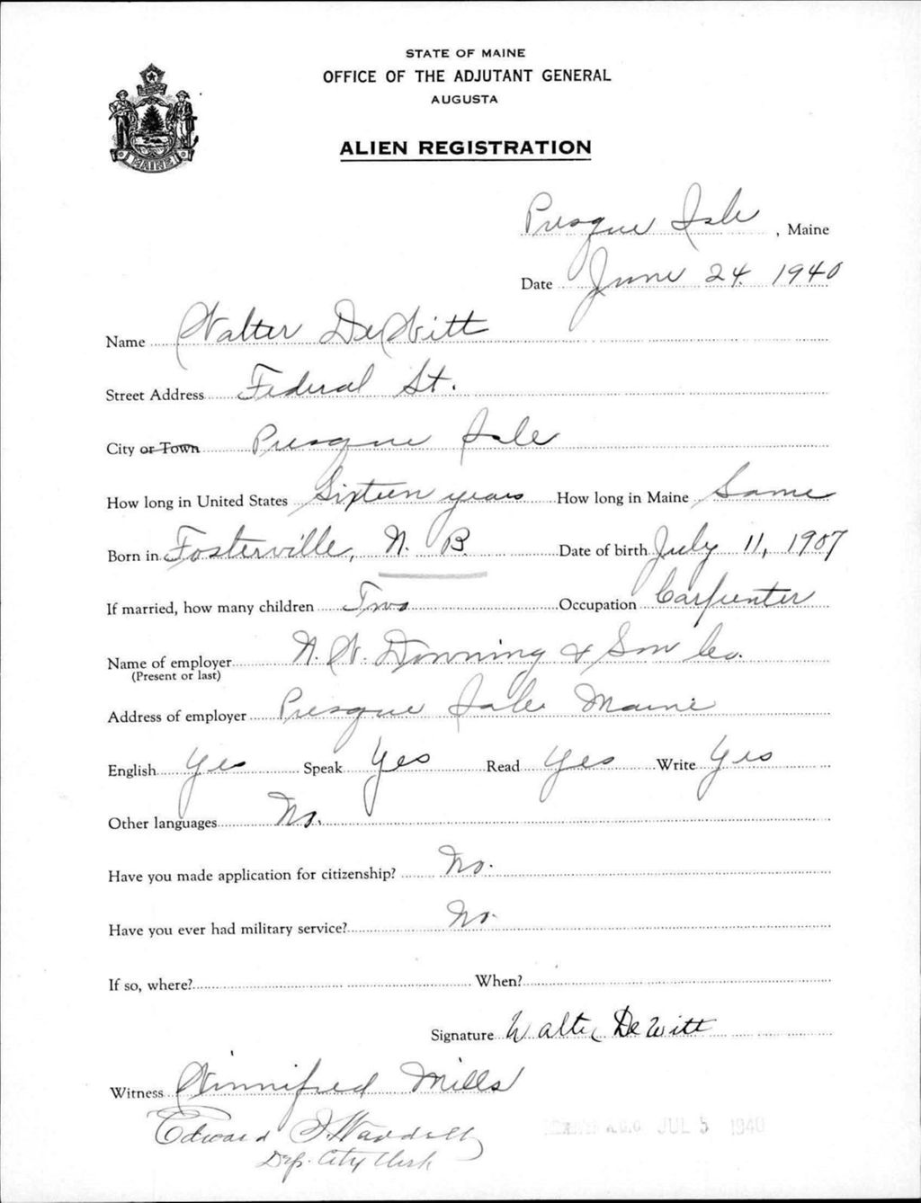Miniature of Alien Registration- Dewitt, Walter (Presque Isle, Aroostook County)