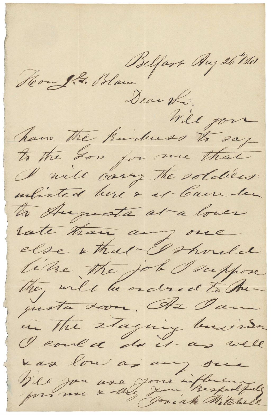 Miniature of Letter from Josiah Mitchell to James Blaine requesting to transport soldiers to Augusta, August 26, 1861