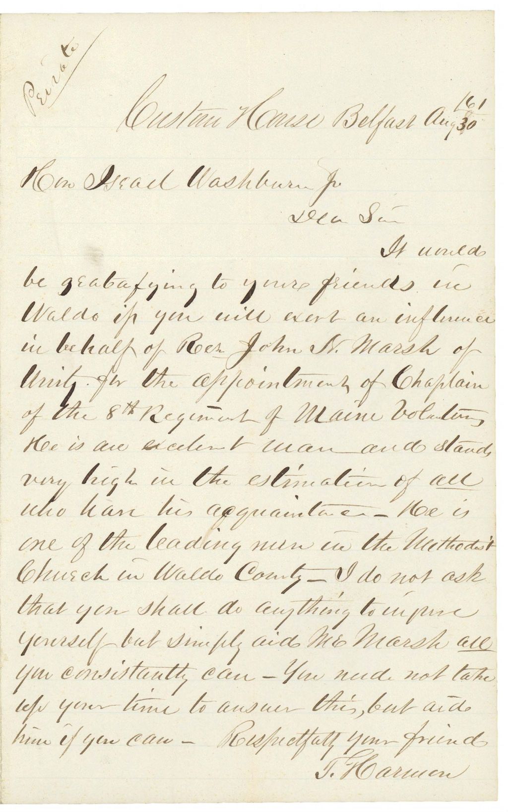 Miniature of Letter from T. Harmon to Governor Washburn recommending Reverend J.N. Marsh for appointment as chaplain of 8th Maine Regiment, August 30, 1861