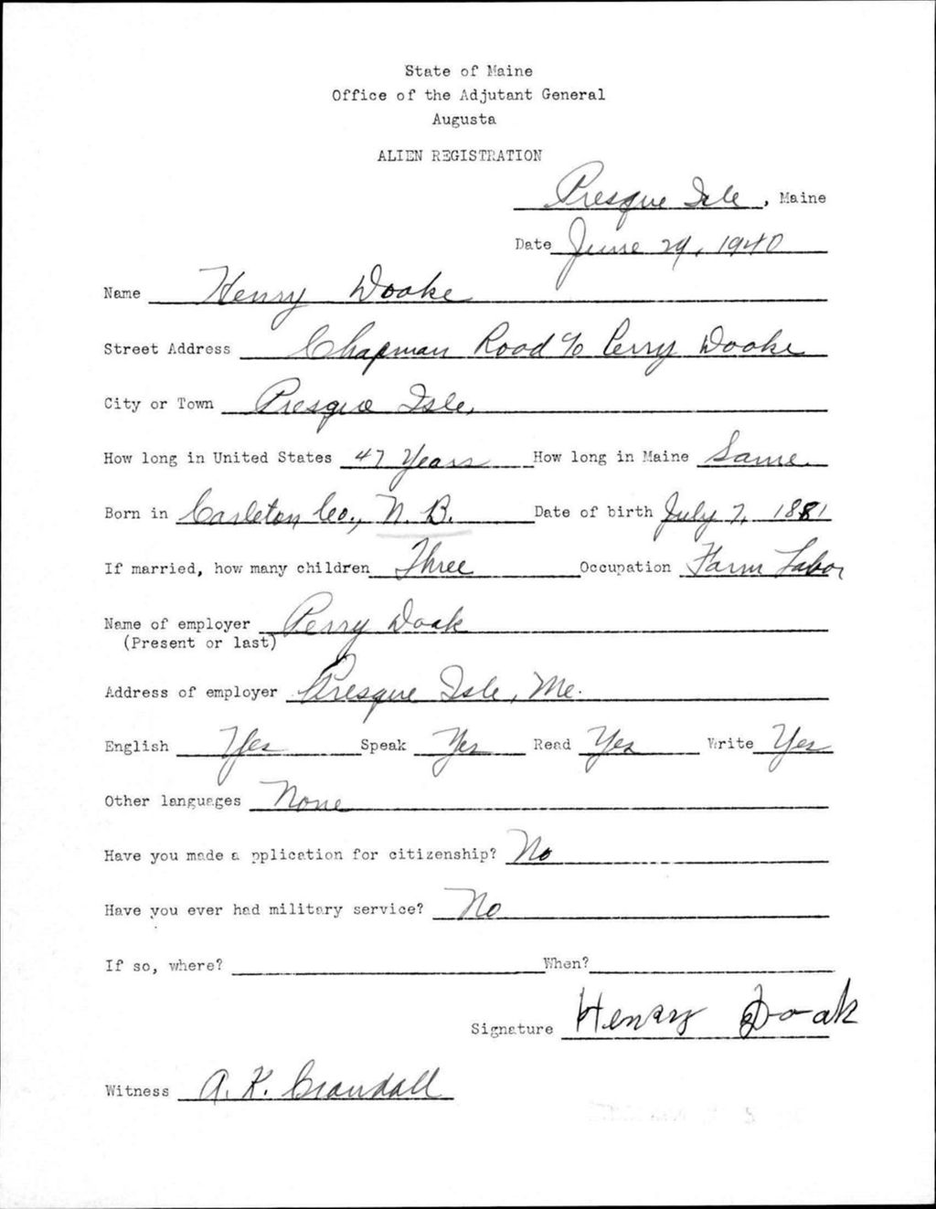 Miniature of Alien Registration- Dooke, Henry (Presque Isle, Aroostook County)