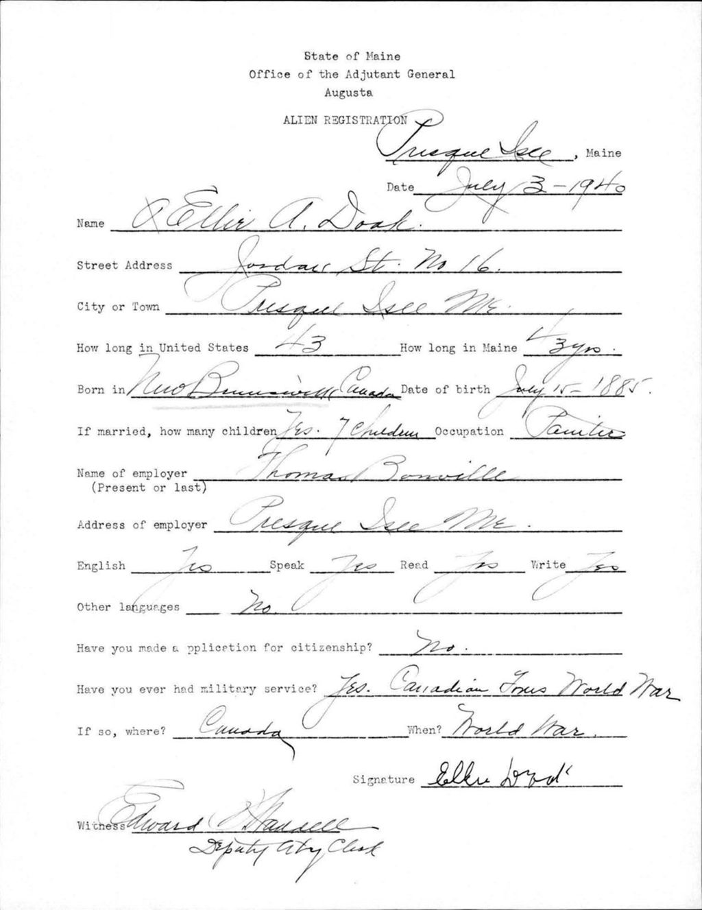 Miniature of Alien Registration- Doak, Ellis A. (Presque Isle, Aroostook County)