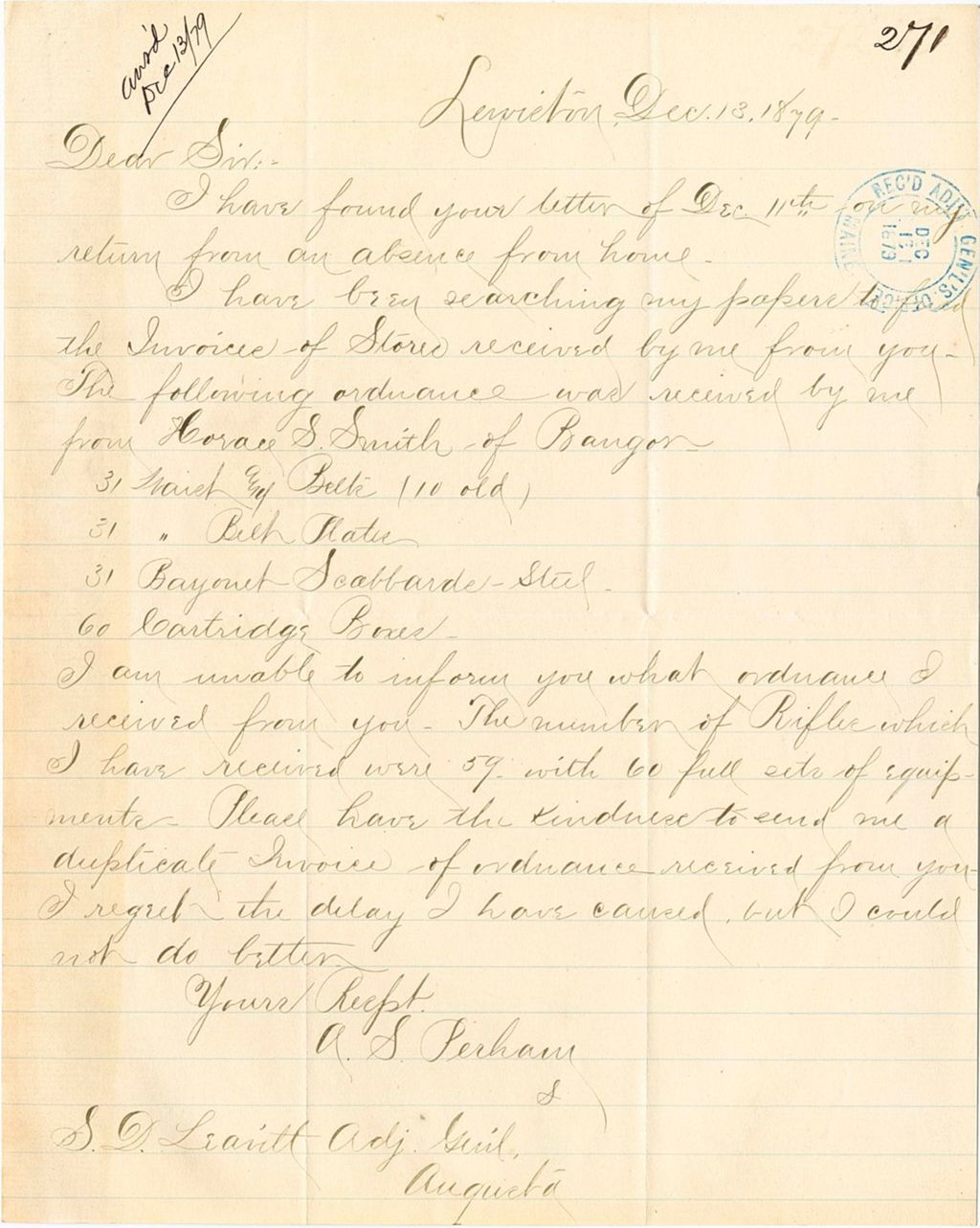 Miniature of A. S. Perham requesting an invoice for a disputed ordinance from Horace S. Smith