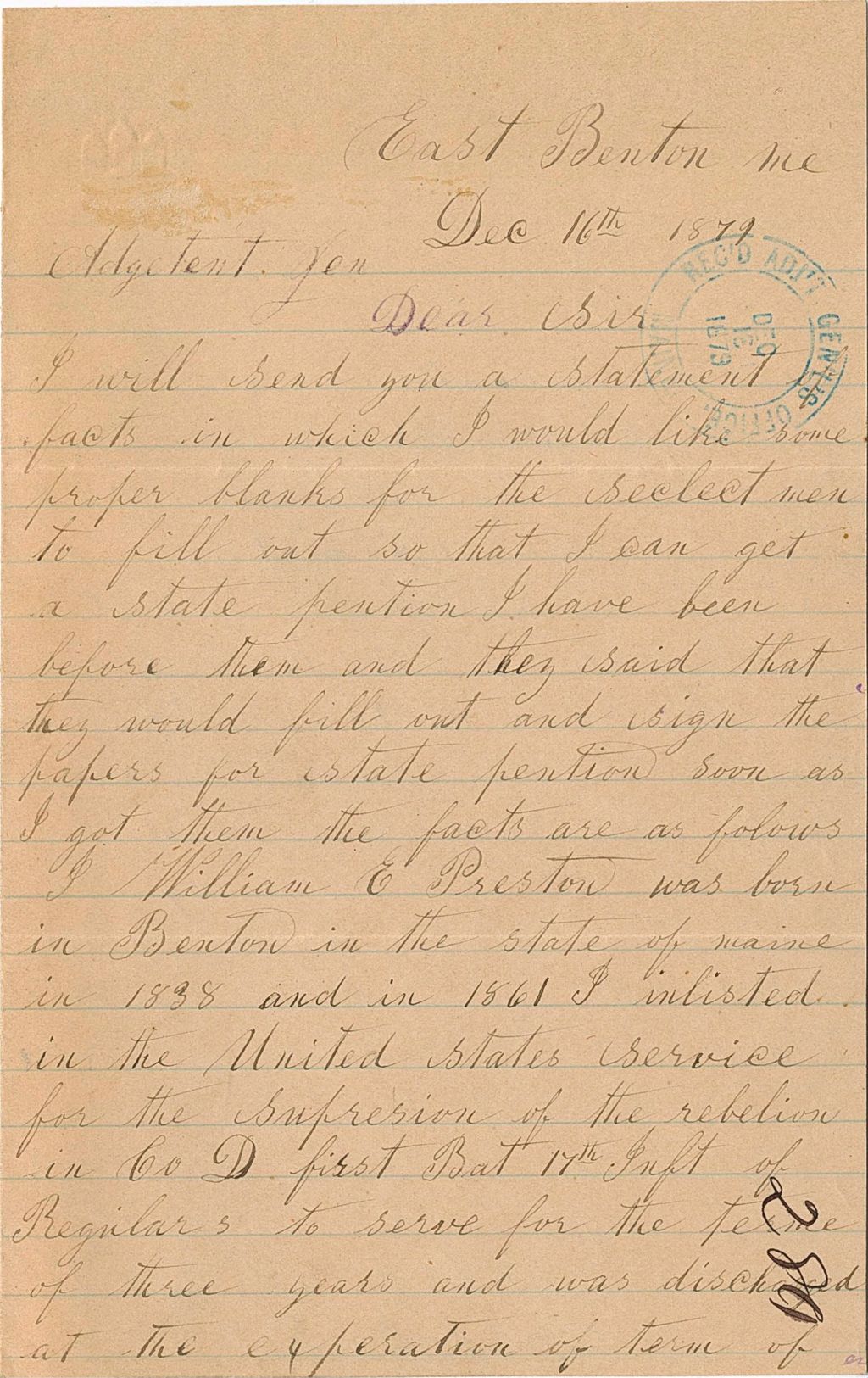 Miniature of William E. Preston requesting the paper work to apply for a service pension