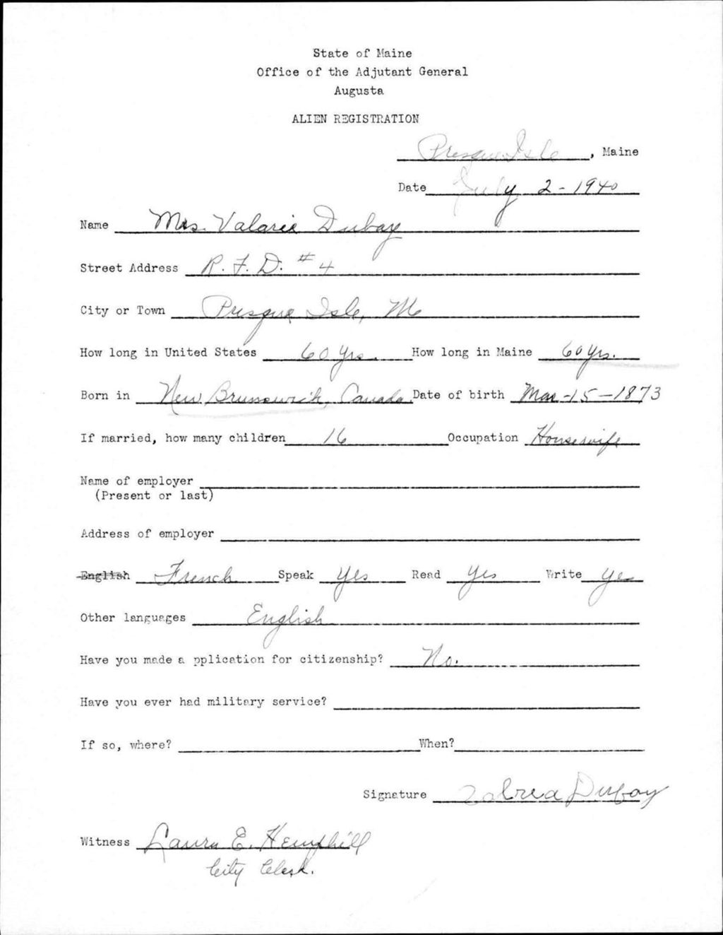 Miniature of Alien Registration- Dubay, Valarie (Presque Isle, Aroostook County)