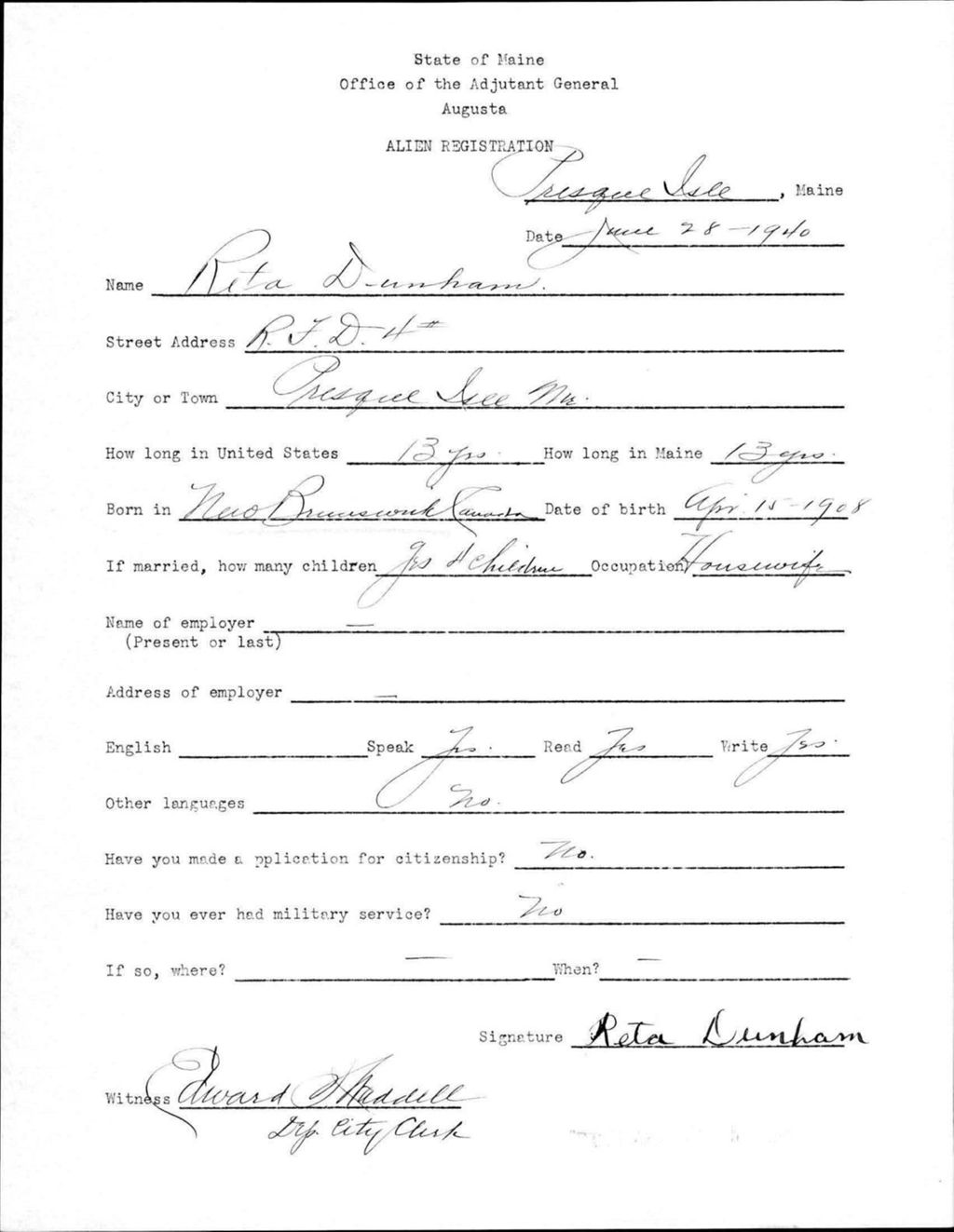 Miniature of Alien Registration- Dunham, Rita (Presque Isle, Aroostook County)