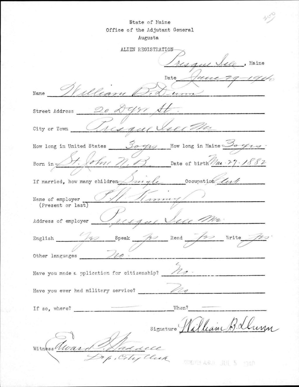 Miniature of Alien Registration- Dunn, William B. (Presque Isle, Aroostook County)