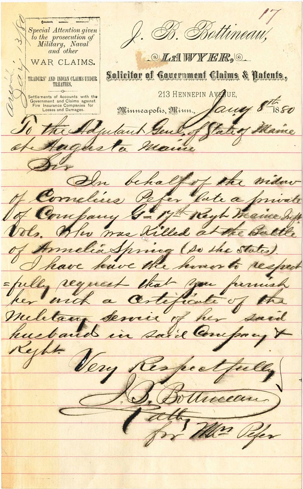Miniature of J. B. Bottineau requesting, on behalf of Cornelius Pefer's widow, a certificate of military service