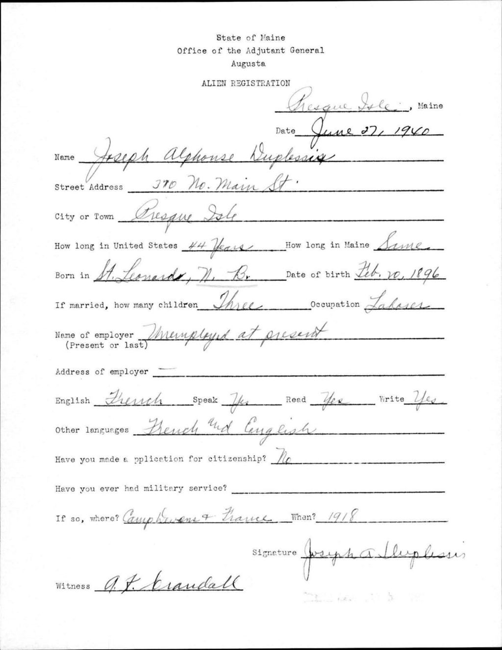 Miniature of Alien Registration- Duplessis, Joseph A. (Presque Isle, Aroostook County)