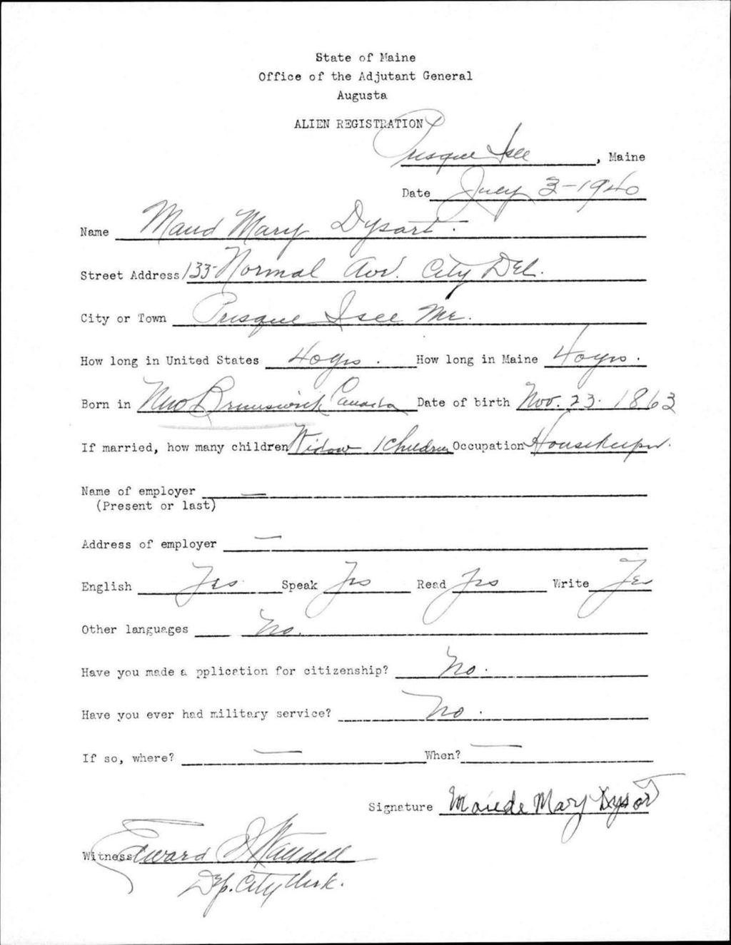 Miniature of Alien Registration- Dysart, Maud M. (Presque Isle, Aroostook County)