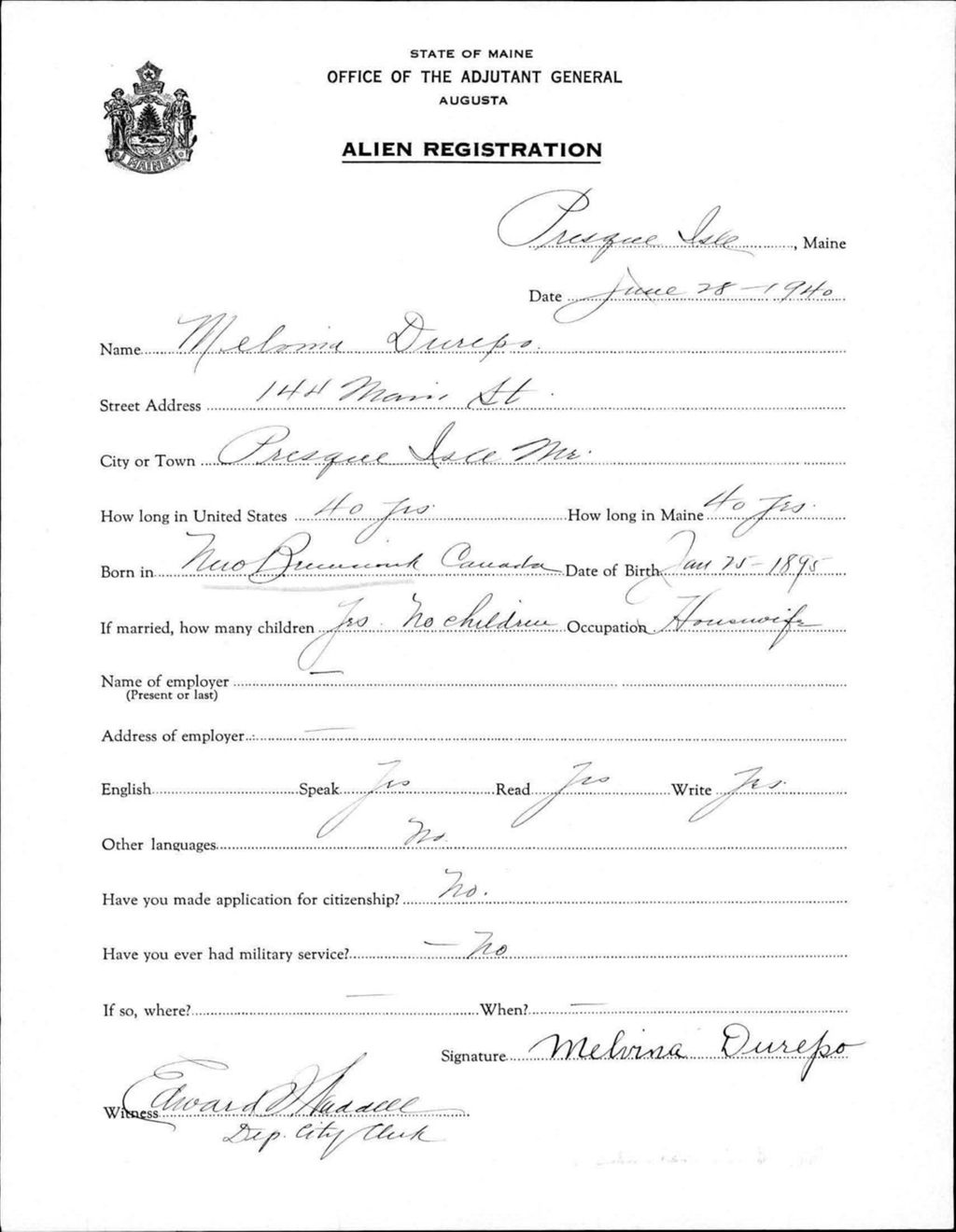 Miniature of Alien Registration- Durepo, Melvina (Presque Isle, Aroostook County)