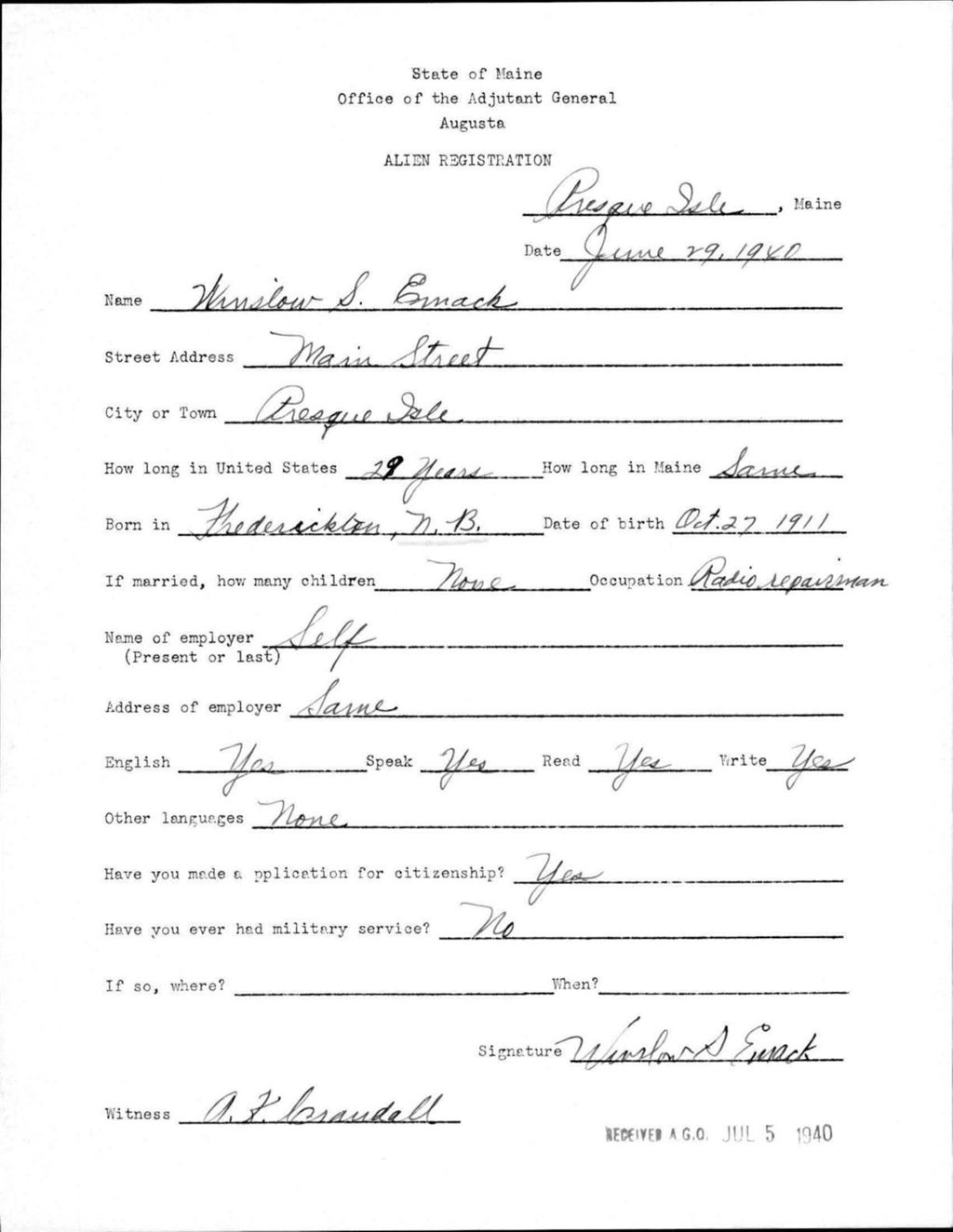 Miniature of Alien Registration- Emack, Winslow S. (Presque Isle, Aroostook County)
