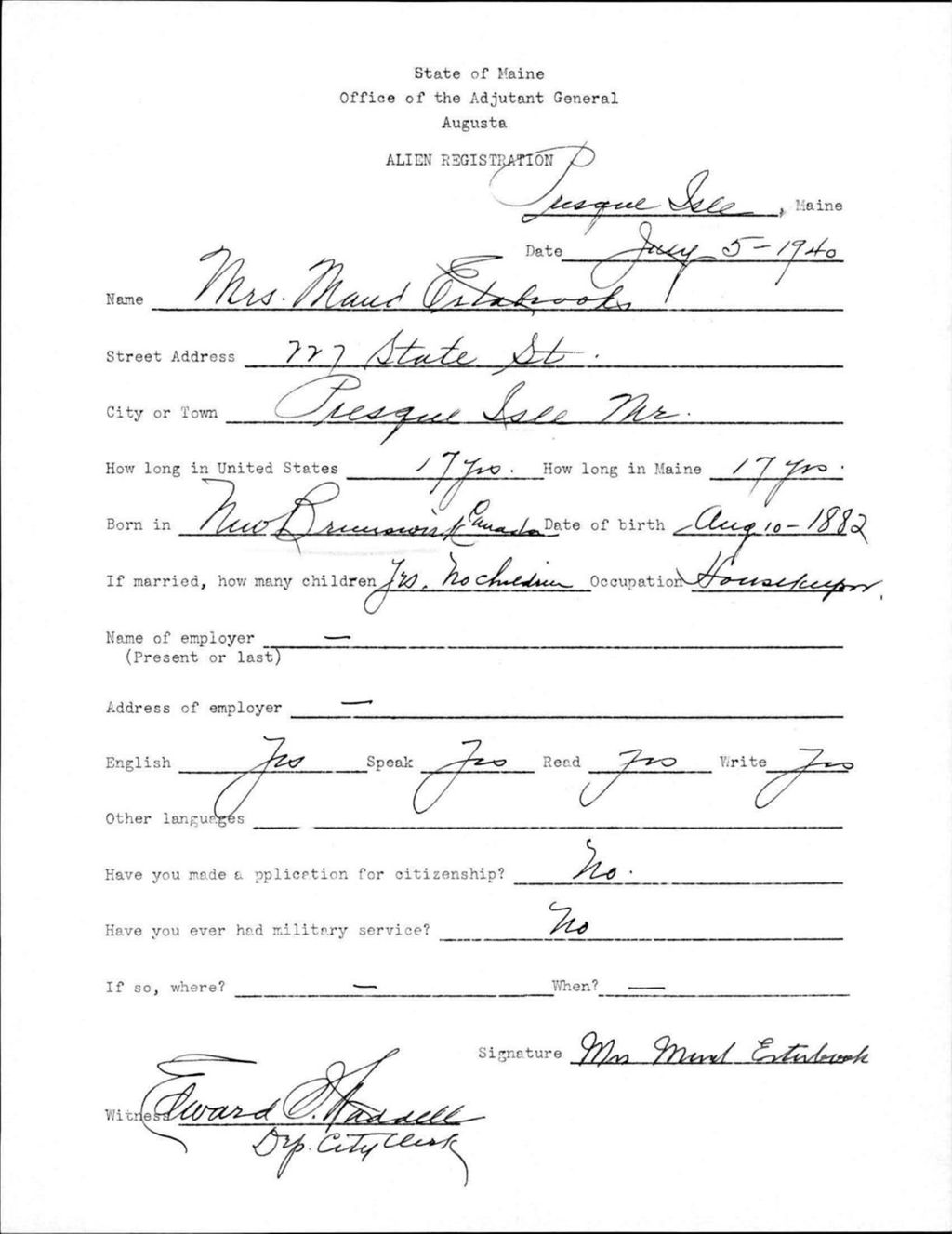 Miniature of Alien Registration- Estabrook, Maud (Presque Isle, Aroostook County)