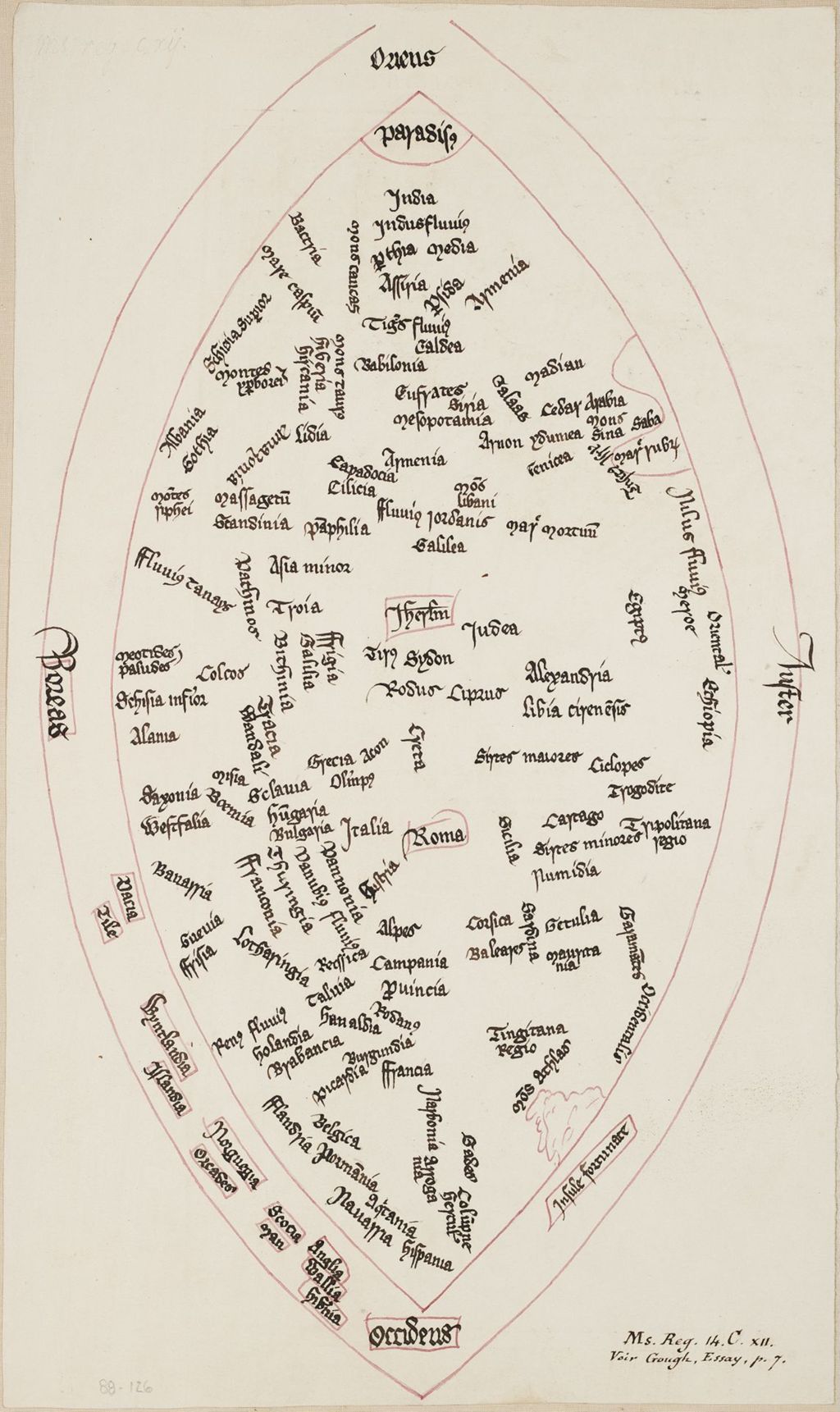 Miniature of BMC 64--Almond-shaped Mappa Mundi by Ranulf Higden circa 1350