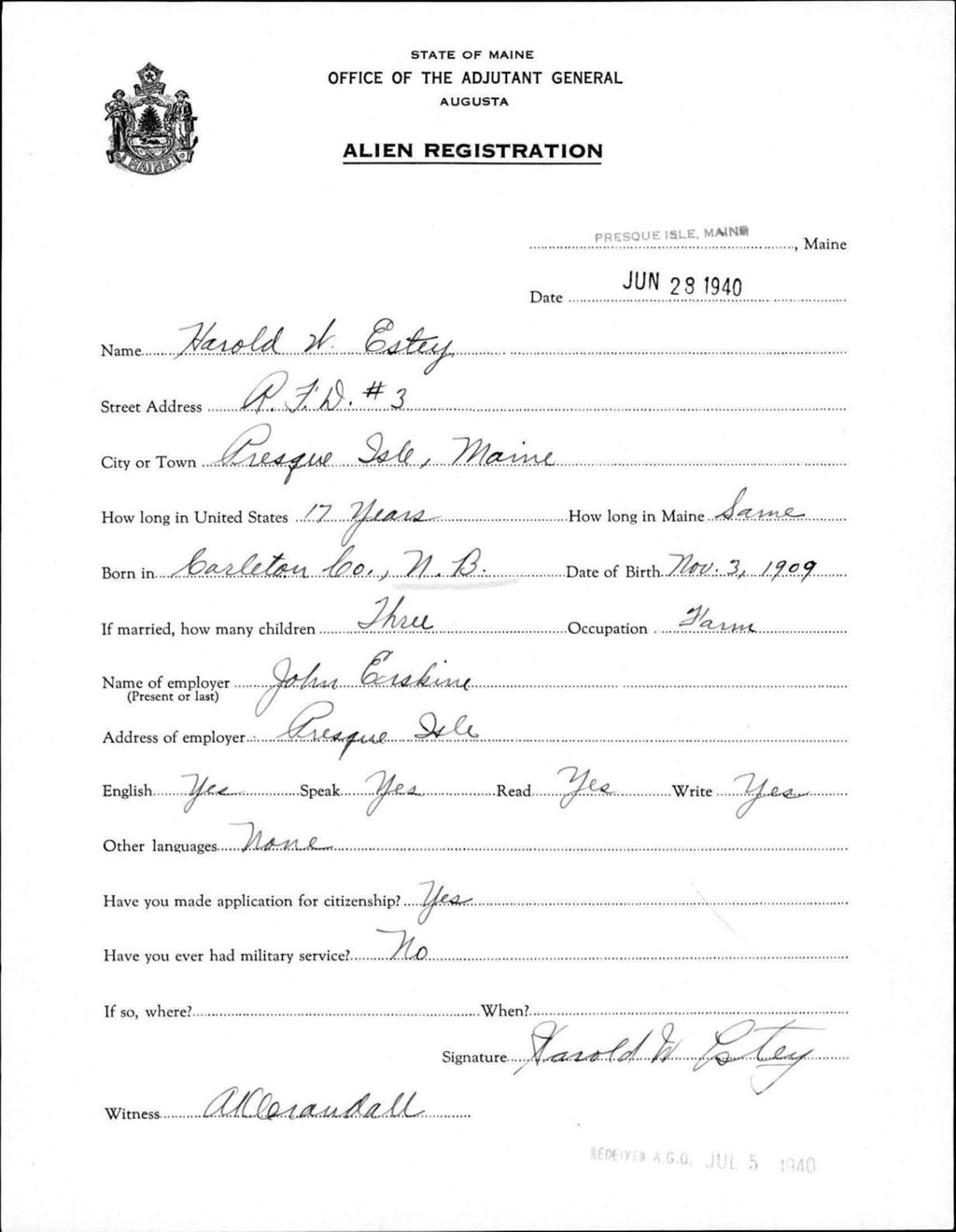 Miniature of Alien Registration- Estey, Harold W. (Presque Isle, Aroostook County)