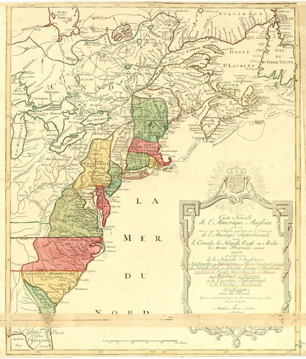 Miniature of BMC 36--Carte nouvelle de l'Amérique angloise contenant tout ce que les Anglois possédent sur le continent de l'Amérique septentrionale savoir le Canada, la Nouvelle Ecosse ou Acadie, les treize provinces unies qui font: les quatres colonies de la Nouvelle Angleterre ...  1776