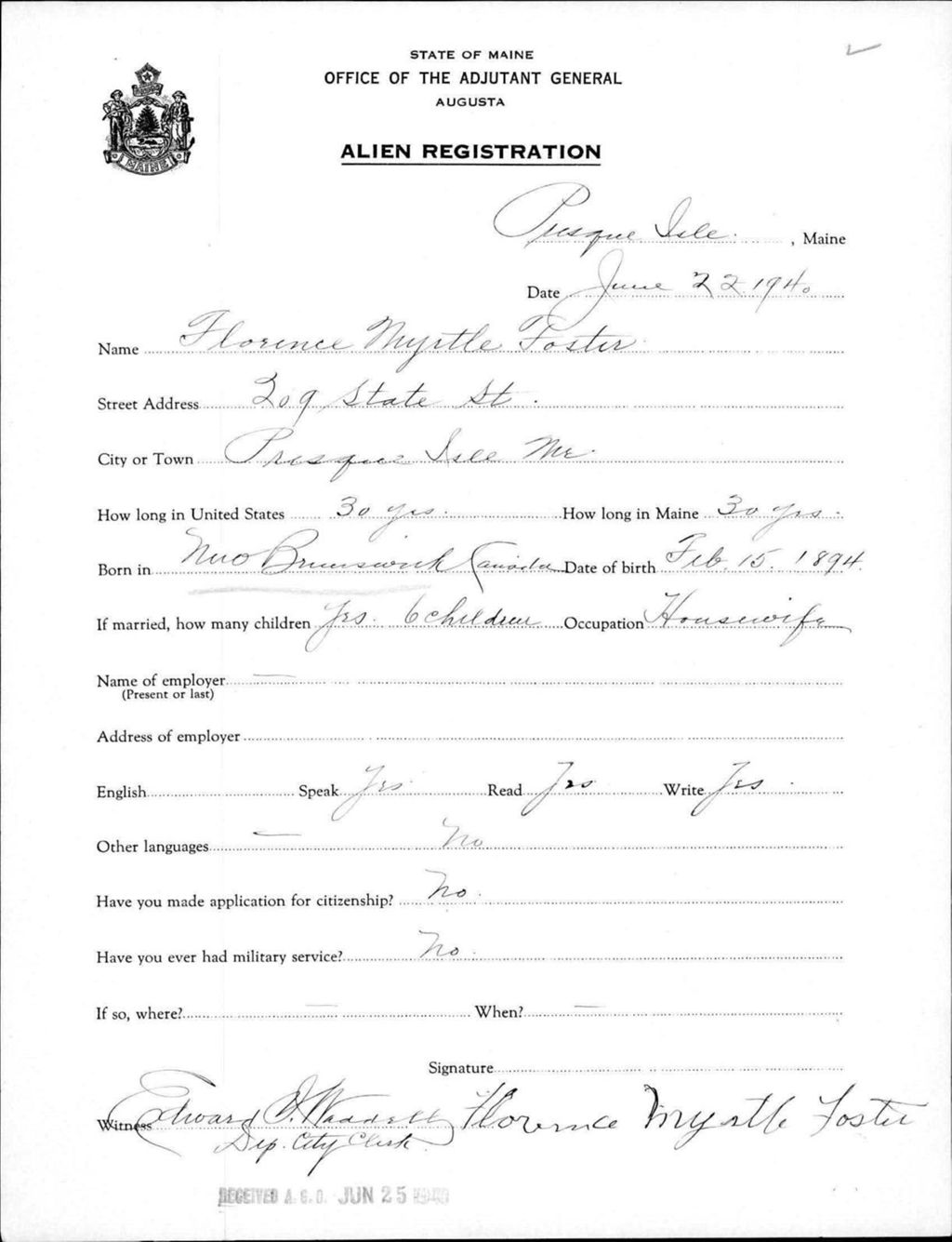 Miniature of Alien Registration- Foster, Florence M. (Presque Isle, Aroostook County)