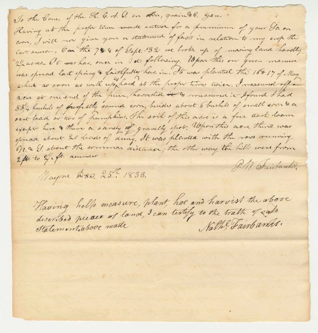 Miniature of G.M. Fairbanks Statement on Corn Premium