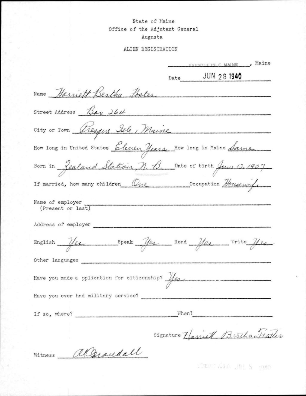 Miniature of Alien Registration- Foster, Harriett B. (Presque Isle, Aroostook County)