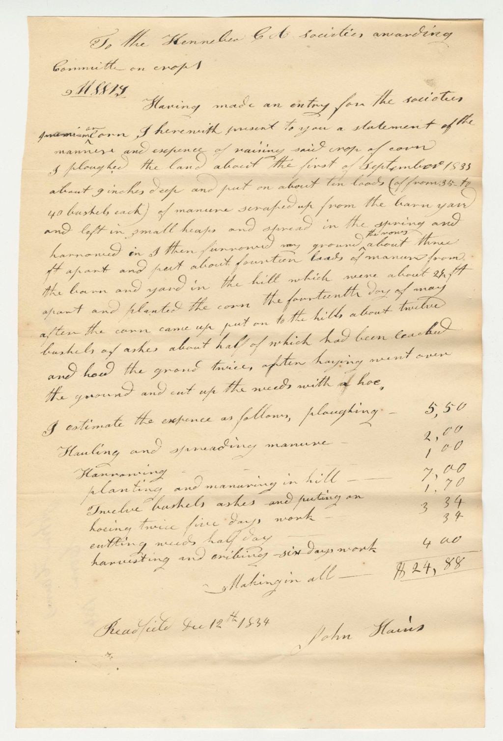 Miniature of Statement of John Harris on Corn