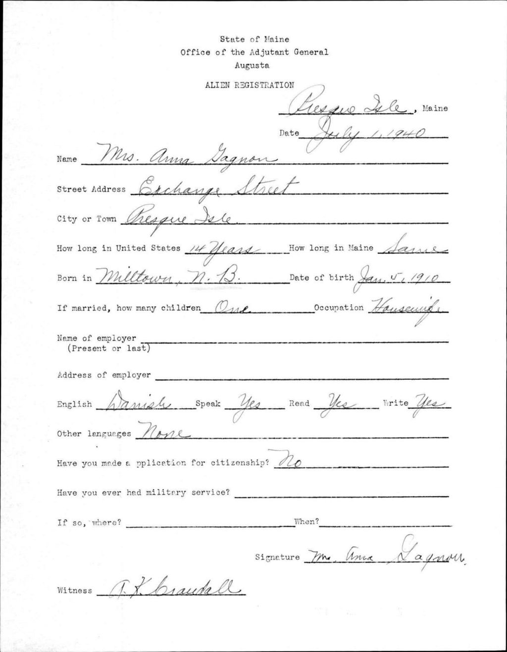 Miniature of Alien Registration- Gagnon, Anna (Presque Isle, Aroostook County)
