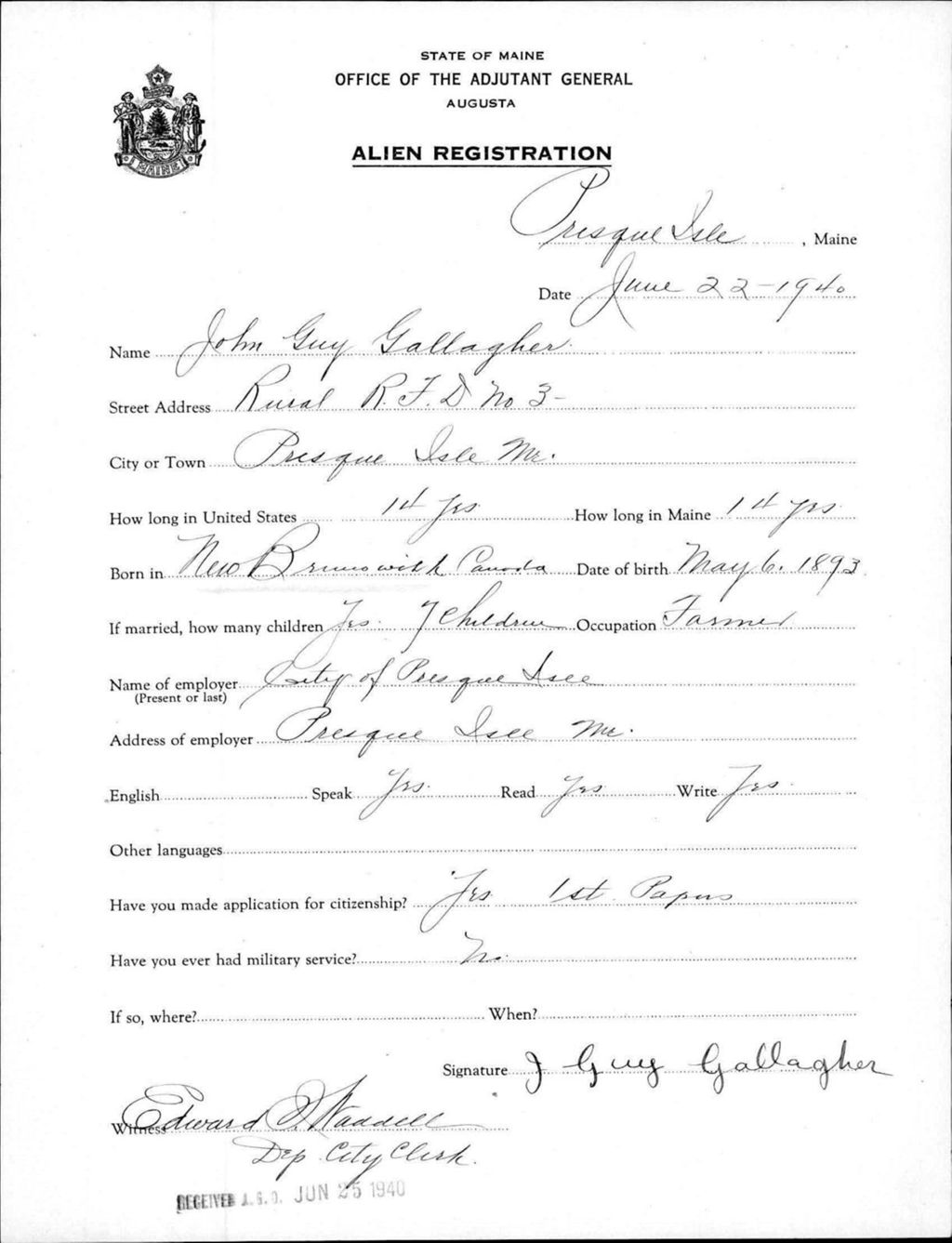 Miniature of Alien Registration- Gallagher, John G. (Presque Isle, Aroostook County)