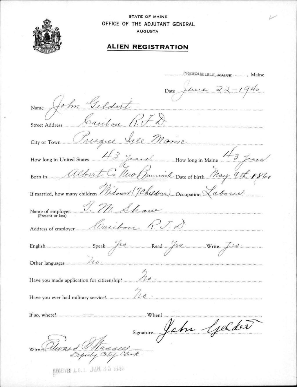 Miniature of Alien Registration- Geldert, John (Presque Isle, Aroostook County)