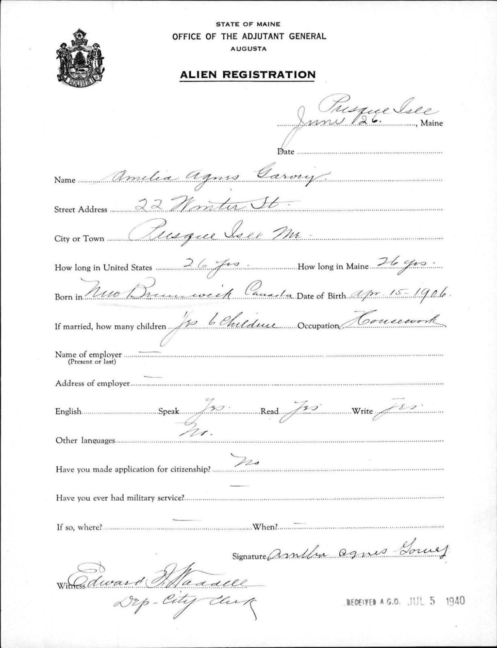 Miniature of Alien Registration- Garvey, Amelia A. (Presque Isle, Aroostook County)
