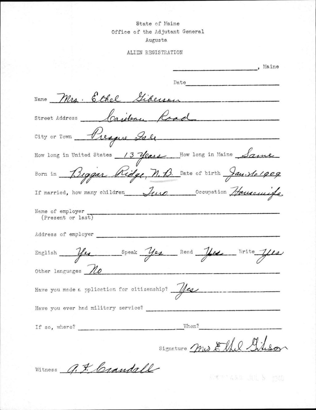Miniature of Alien Registration- Giberson, Ethel (Presque Isle, Aroostook County)