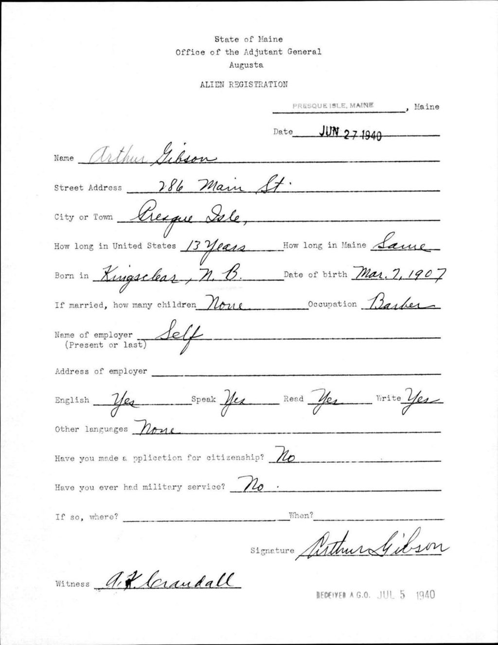 Miniature of Alien Registration- Gibson, Arthur (Presque Isle, Aroostook County)