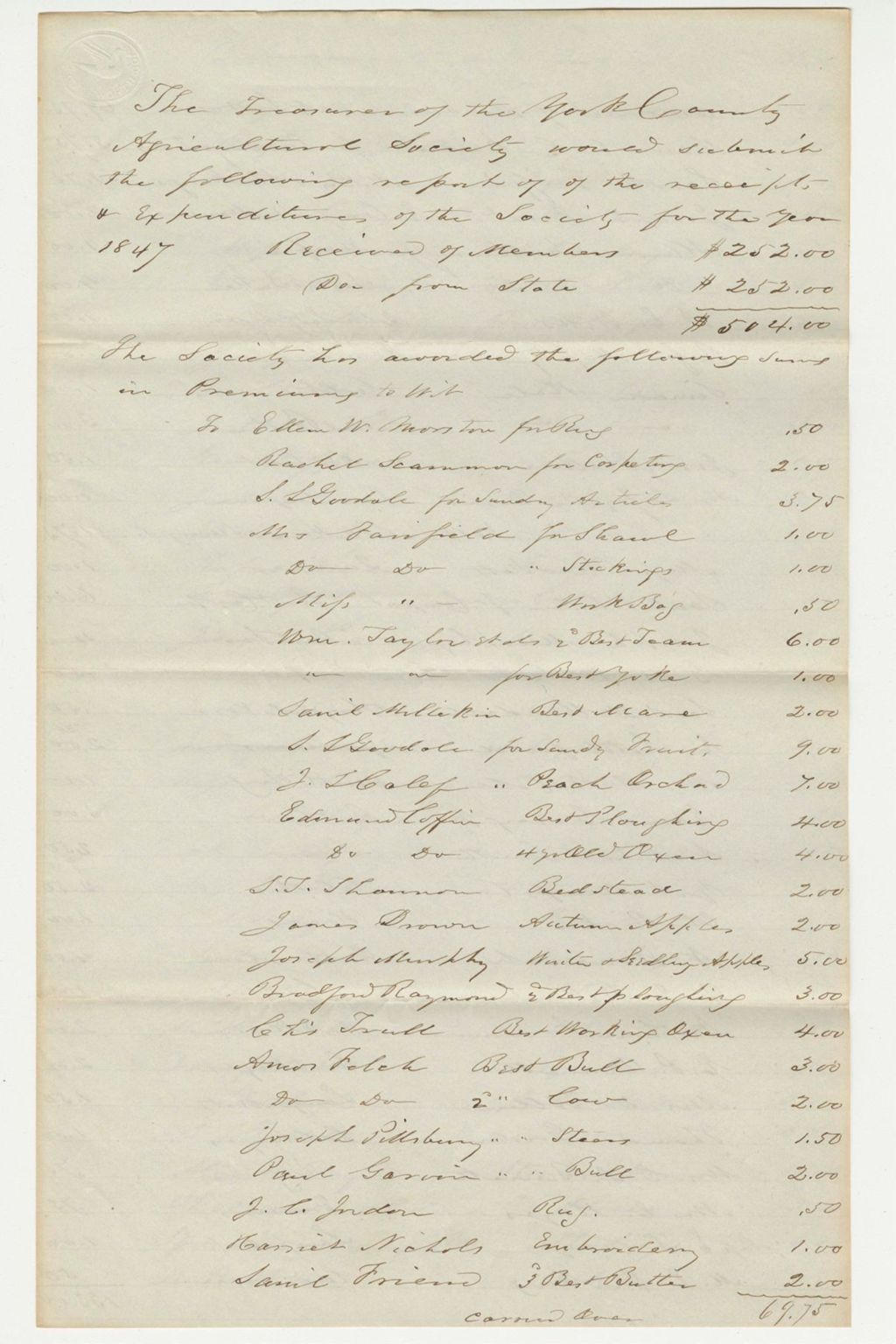 Miniature of Report of Treasurer of York Co. Agricultural Society
