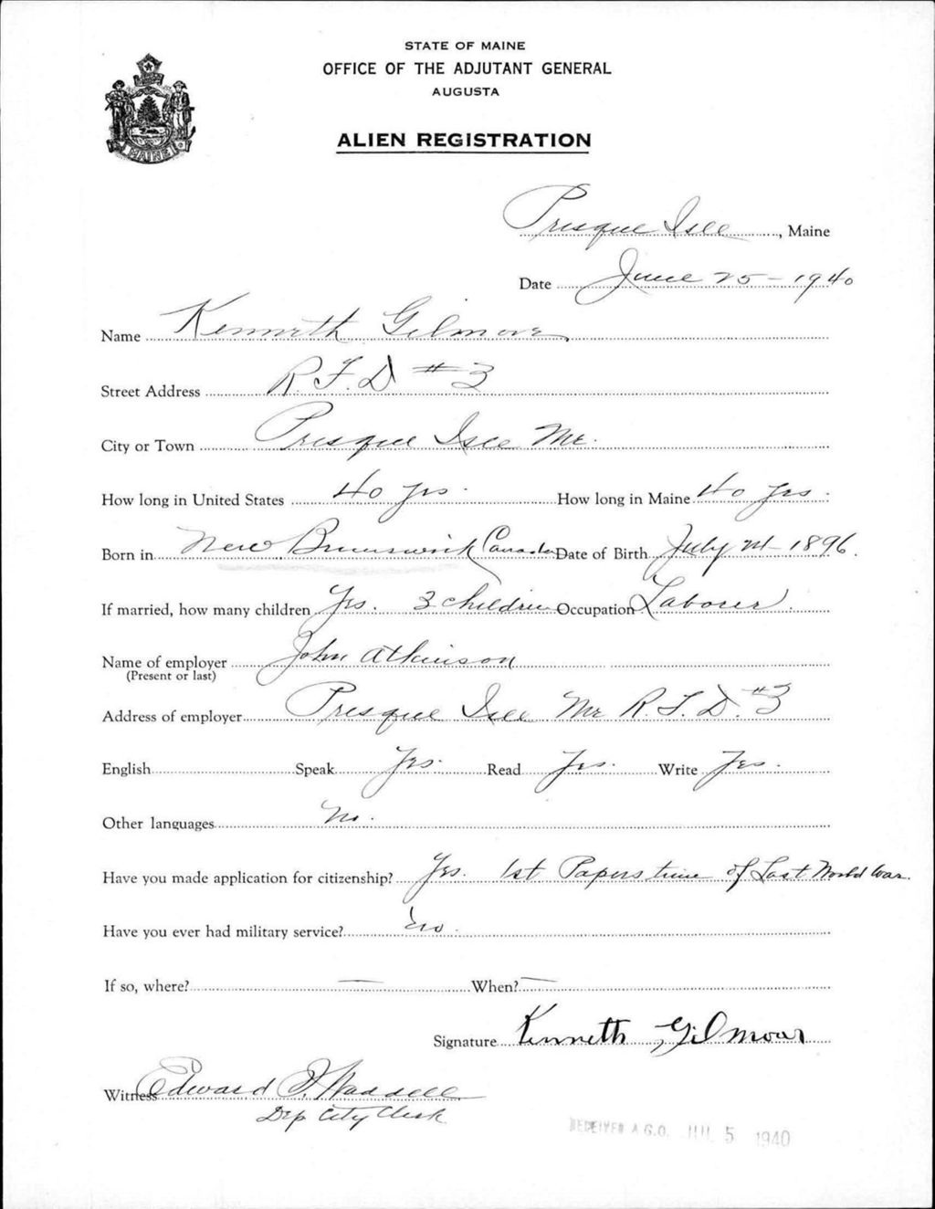 Miniature of Alien Registration- Gilmore, Kenneth (Presque Isle, Aroostook County)