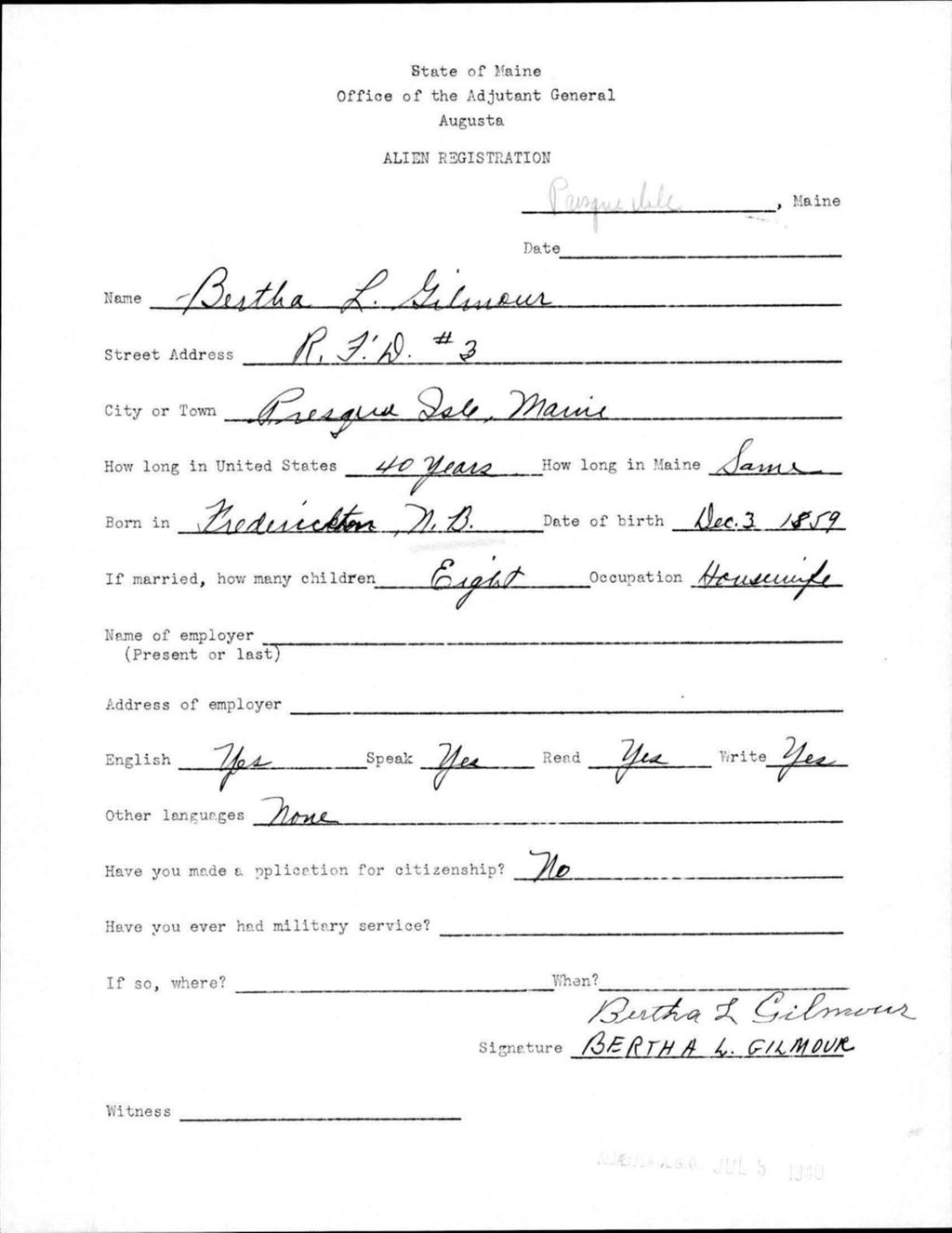 Miniature of Alien Registration- Gilmour, Bertha L. (Presque Isle, Aroostook County)