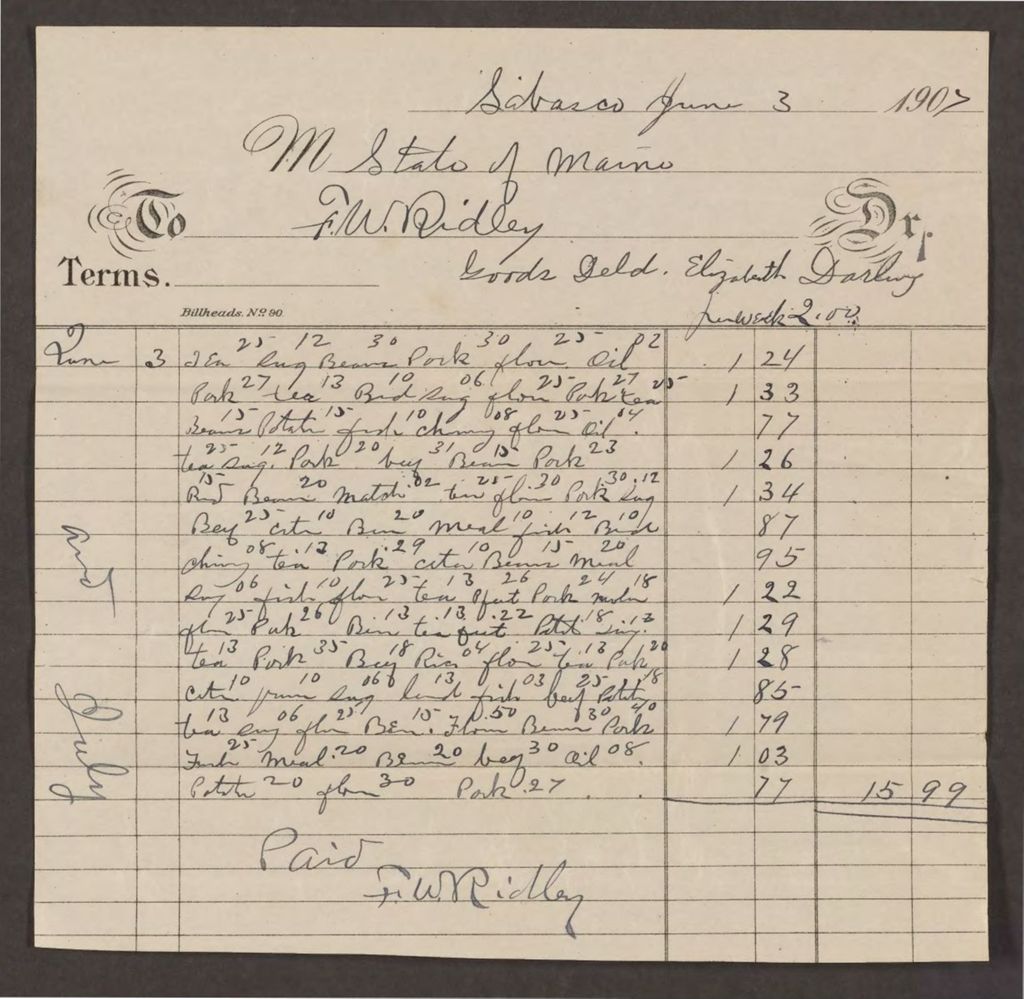 Miniature of Account with F.W. Ridley for goods delivered to Elizabeth Darling