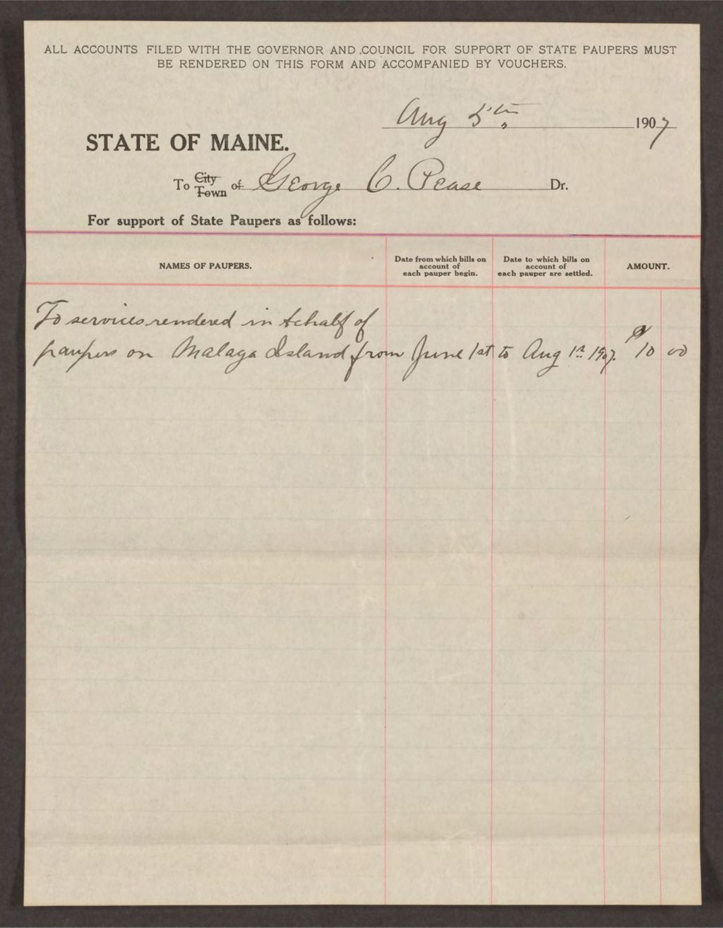 Miniature of Account with George C. Pease for services rendered in behalf of paupers on Malaga Island
