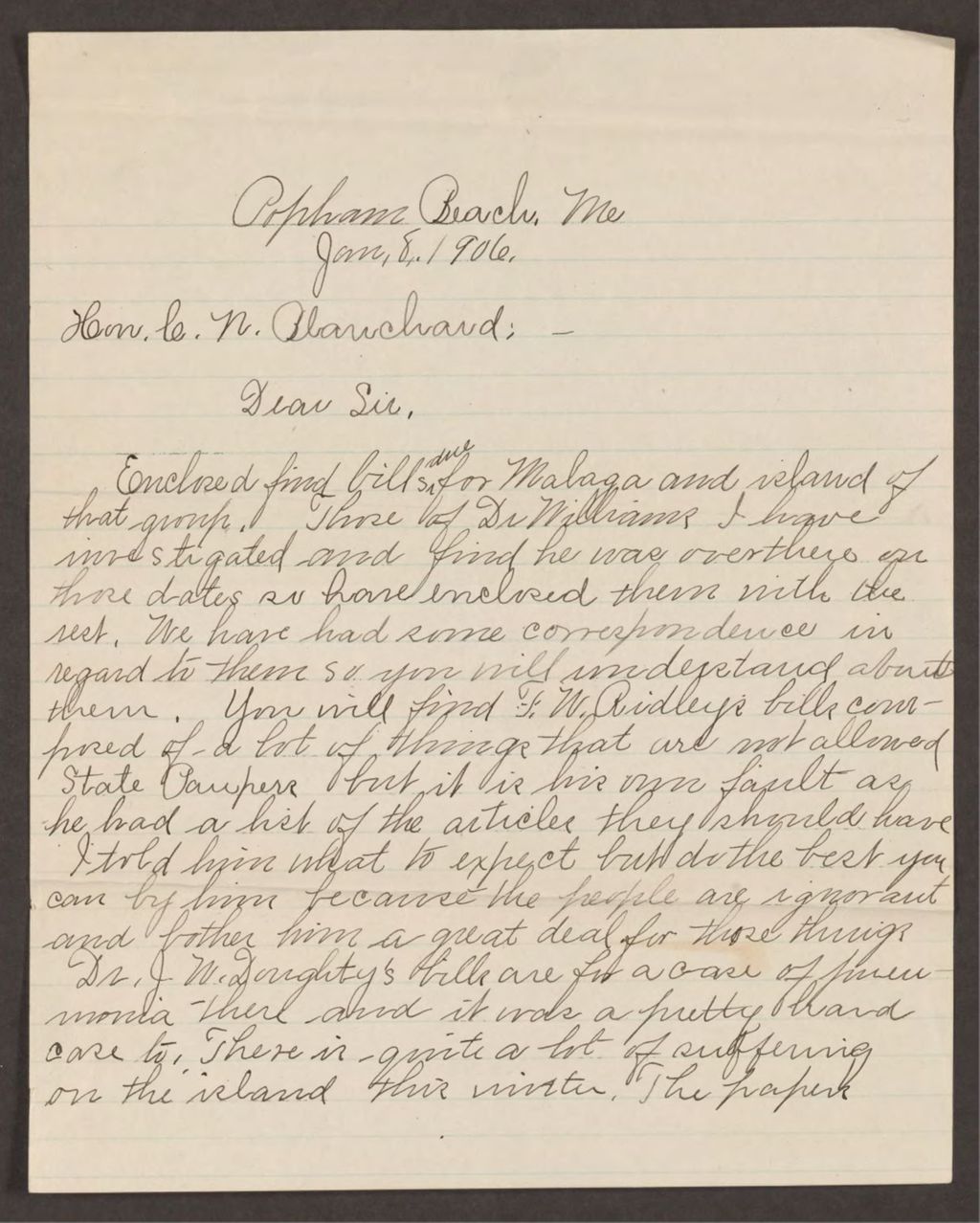 Miniature of Letter to Hon. C.N. Blanchard from George C. Pease regarding bills due for Malaga Island
