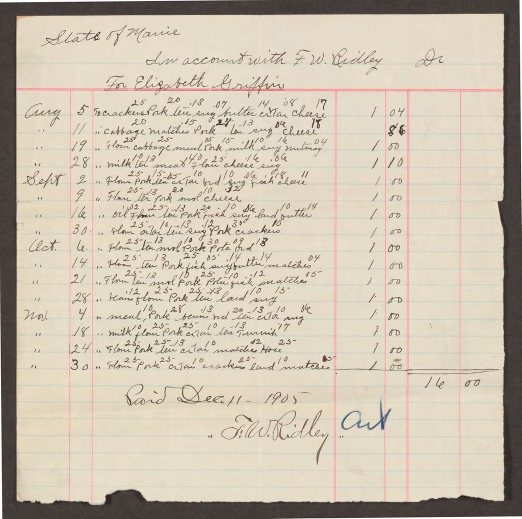 Miniature of Account with F.W. Ridley for Elizabeth Griffin