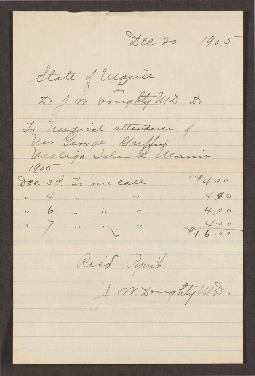 Miniature of Account with J.W. Doughty, M.D. for services to George Griffin