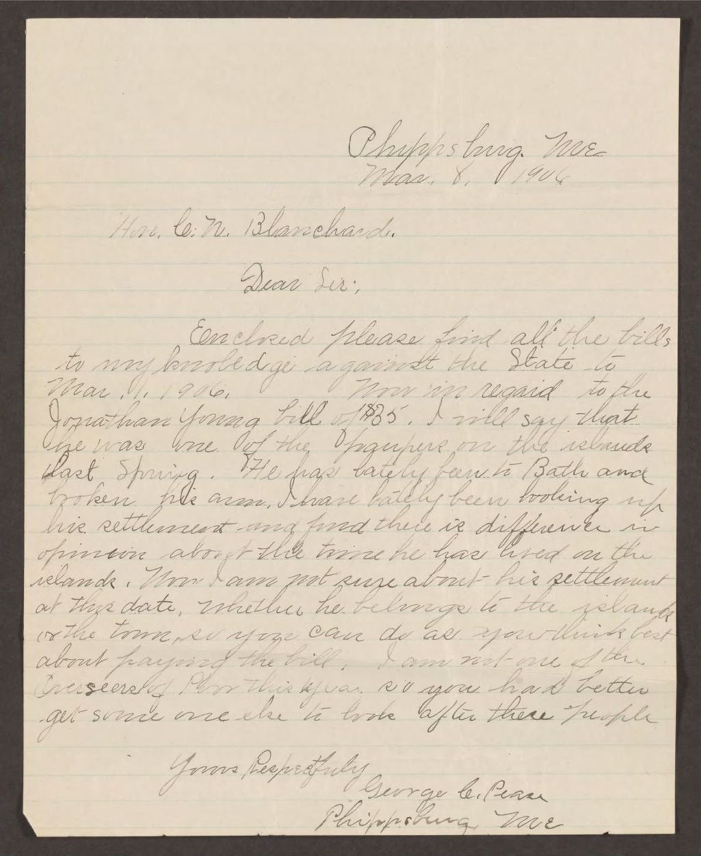 Miniature of Letter to Hon. C.N. Blanchard from George C. Pease regarding bills due for Malaga Island