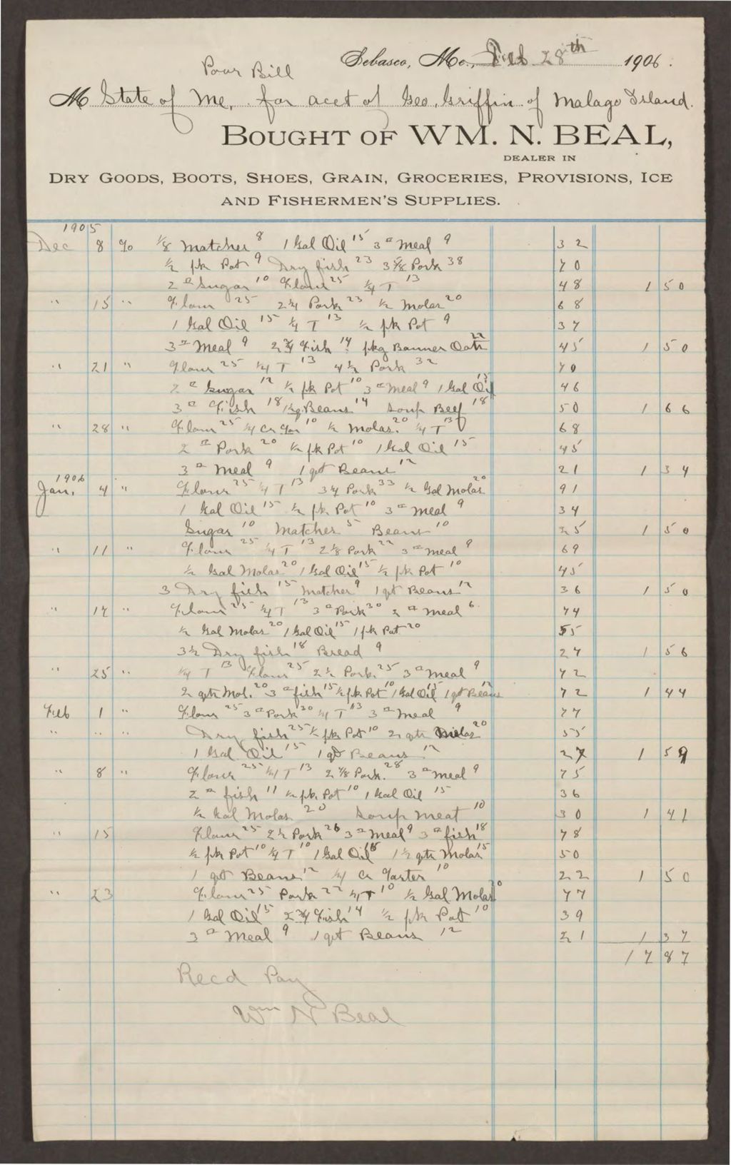 Miniature of Account with William N. Beal for supplies to George Griffin of Malaga Island