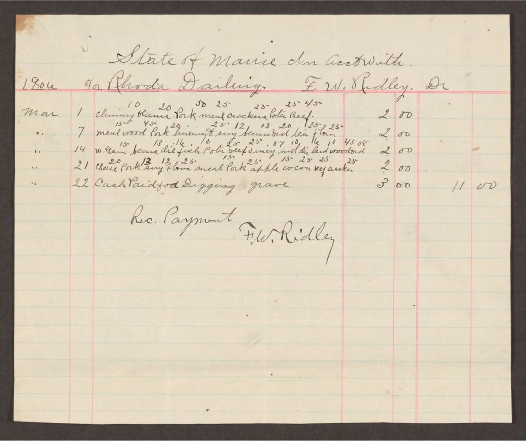Miniature of Account with F.W. Ridley for Rhoda Darling
