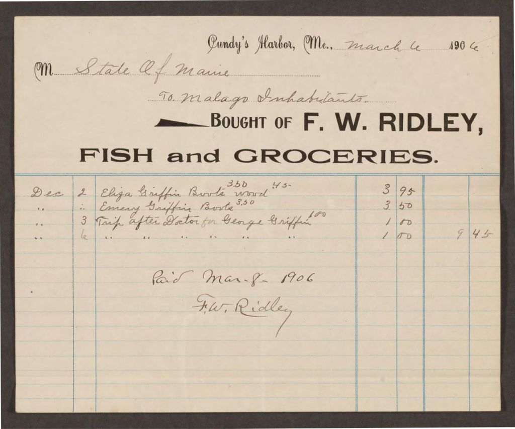 Miniature of Account with F.W. Ridley for Malaga Inhabitants