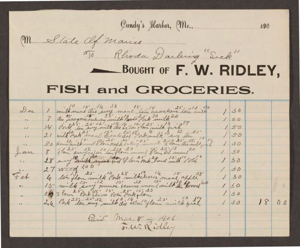 Miniature of Account with F.W. Ridley for Rhoda Darling