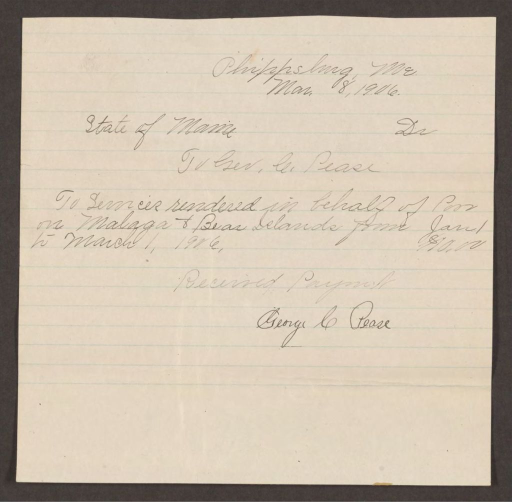Miniature of Account with George C. Pease for services rendered in behalf of paupers on Malaga Island