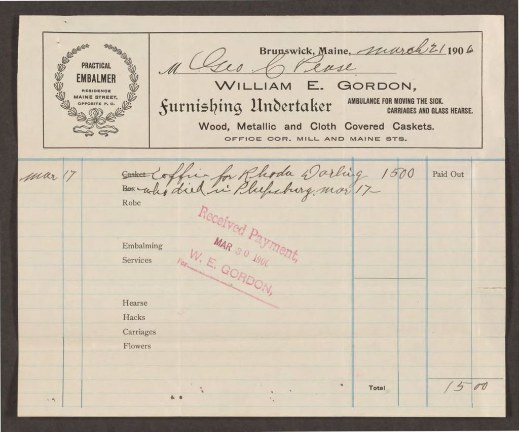 Miniature of Account with William E. Gordon for coffin for Rhoda Darling