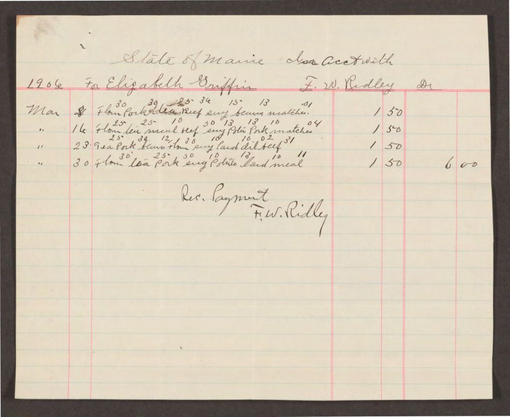 Miniature of Account with F.W. Ridley for Elizabeth Griffin