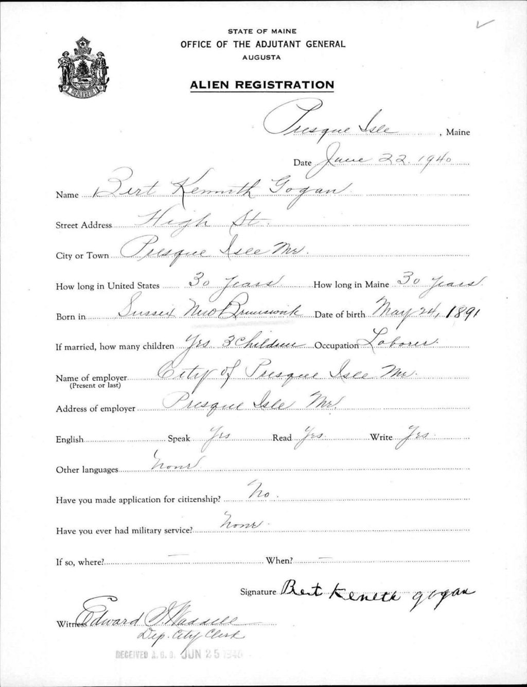 Miniature of Alien Registration- Gogan, Bert K. (Presque Isle, Aroostook County)
