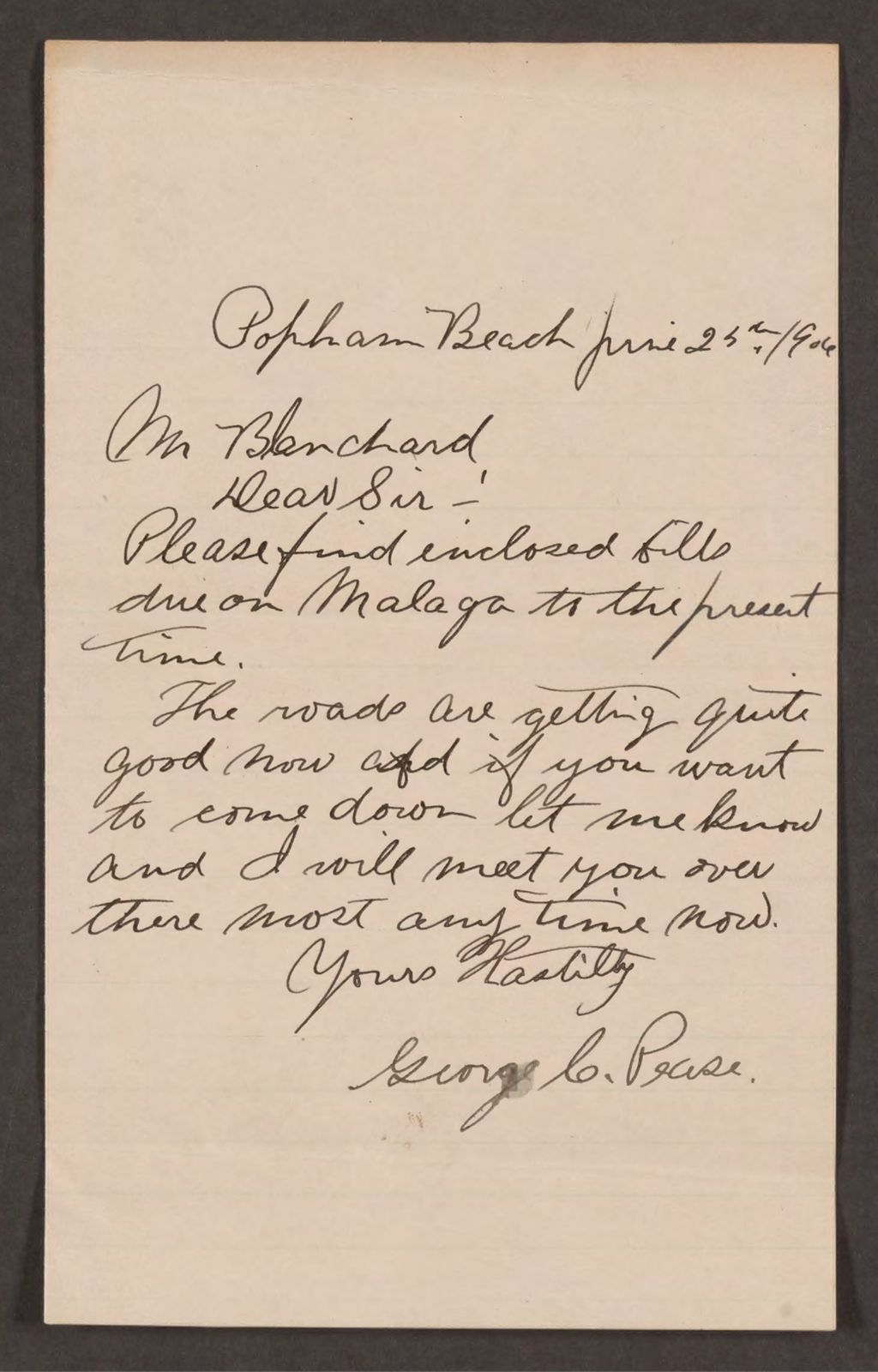 Miniature of Letter to Mr. C.N. Blanchard from George C. Pease regarding bills due for Malaga Island